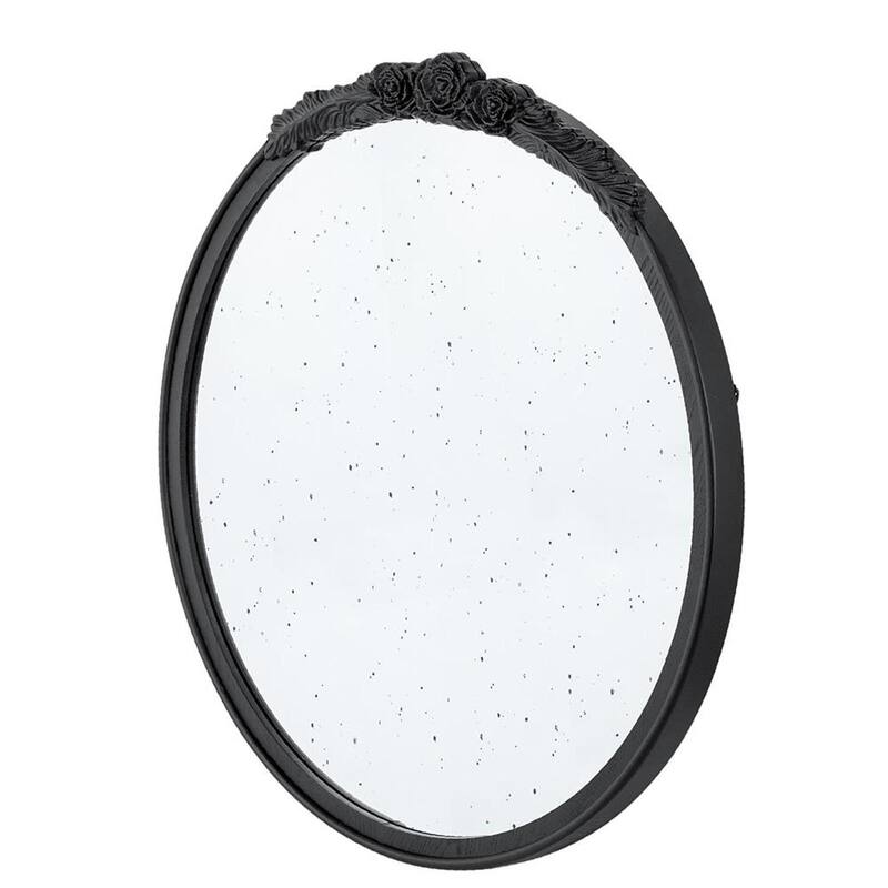 HomeRoots 30" Black Crowned Top Antiqued Glass Round Framed Accent Mirror - 29.1' X '30.1' X '2