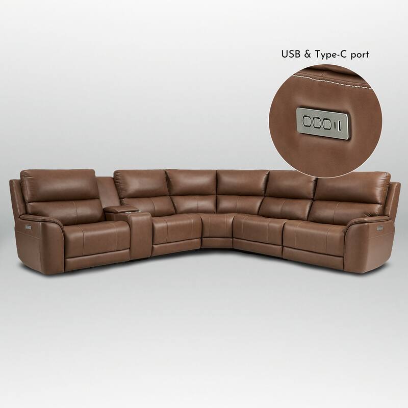 123" W Premium Genuine Leather Triple-Power Double Width Sectional Sofa with Console, Zero Gravity, USB & Type-C Ports