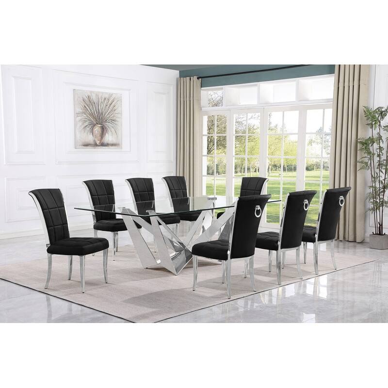 Best Quality Furniture D402/3-SC320-7 Dining Set with 94" 15mm Glass with Bevel - 9-Piece - Black / Silver