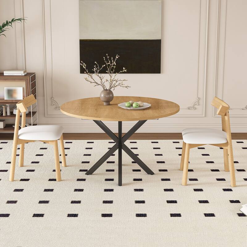 Extendable Round Dining Table Set for 2-6 Person, 43 to 58 Inch Expandable Table with Carbon Steel Base & 2 Solid Wood Chairs