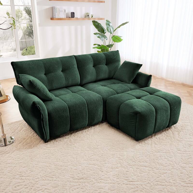 Modern 2-Seater Loveseats Sofa with 1 Ottomans & Throw Pillow - Green