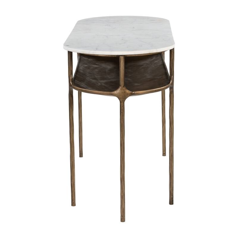HomeRoots 50" White and Brass Genuine Marble and Iron Oval Six Leg Console Table With Shelf - 50.00 in. x 28.30 in. x 19.00 in.