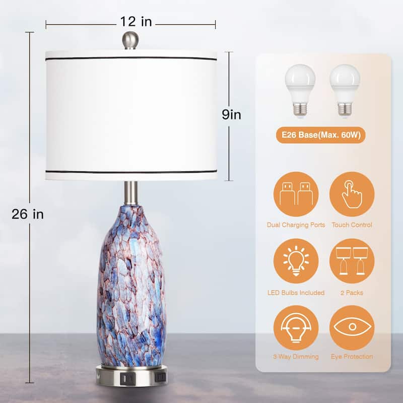 Table Lamp with Nightlight 2in1 Indigo Glass Lamp Body Charging Ports AC Outlet Drum Shade Touch Dimming Switch(Set of 2)