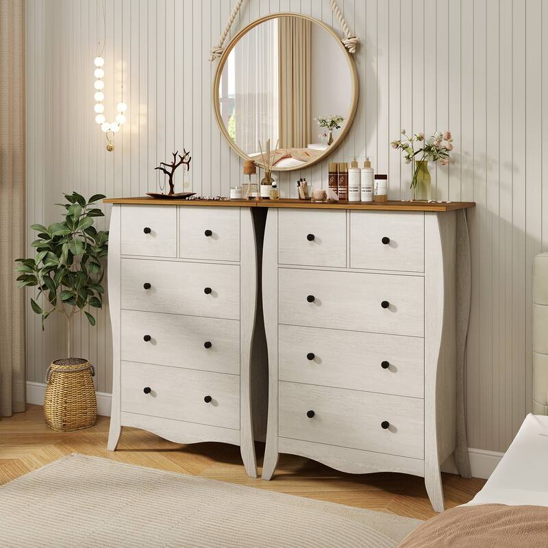 Gymax 2PCS 38'' Farmhouse Chest of Drawers w/ 5 Folding Fabric Drawers
