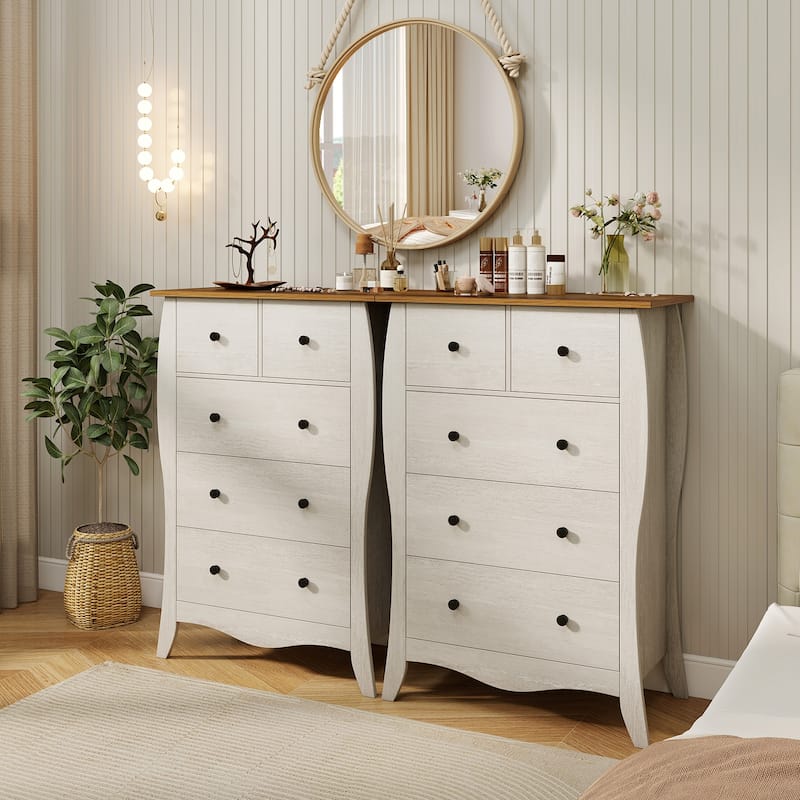 Gymax 38'' Farmhouse Chest of Drawers w/ 5 Folding Fabric Drawers &