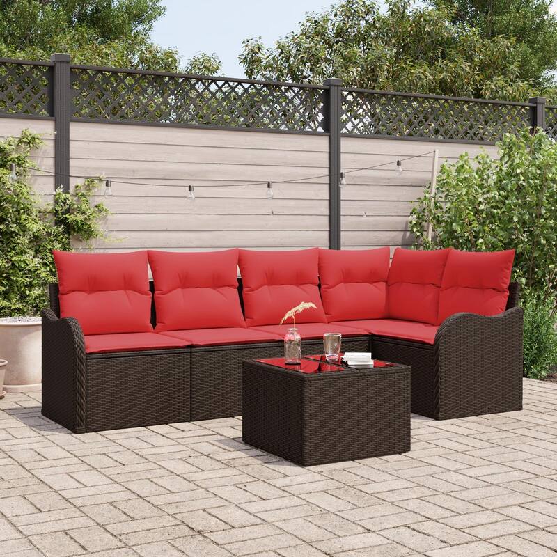 vidaXL 5/6 Garden Sofa Set with Cushions Black/Brown/Grey Poly Rattan - 91.5 x 48.2 x 27.2 - Brown with table