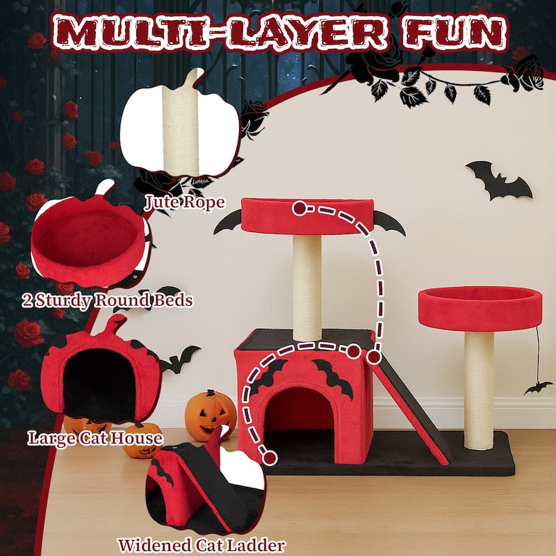 26" Gothic Cat Tree with Condo, Perches, Scratching Posts & Toy