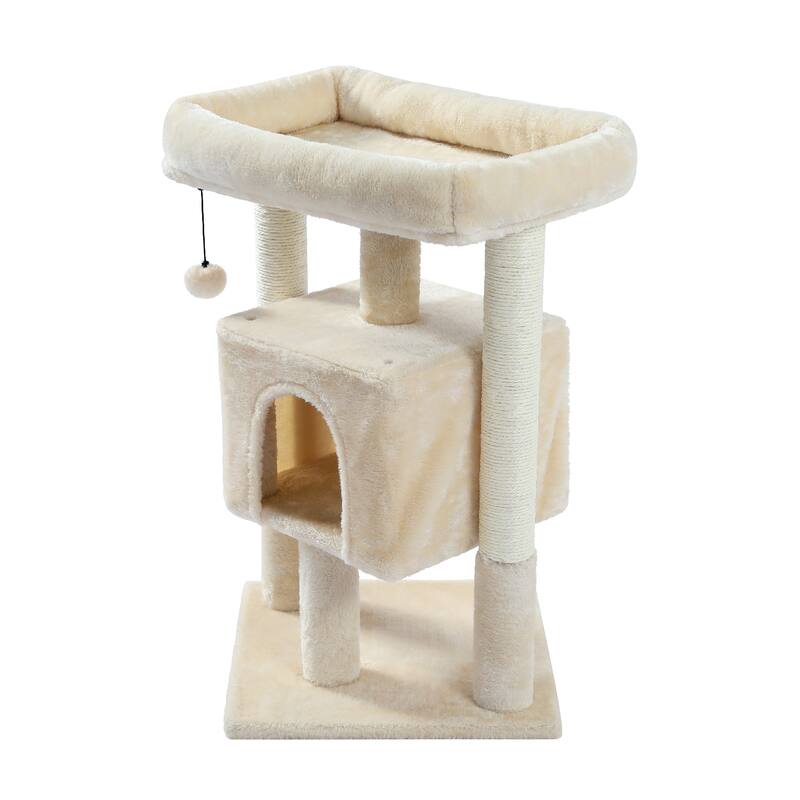 28.4 Inches Small Cat Tree for Indoor Cats Polyester Plush Cat Tower with Beige Condos, Spacious Perch,Scratching Sisal Posts