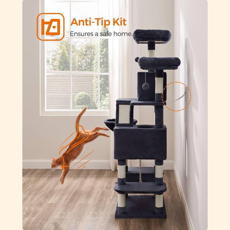 Cat Tree, 66.1-Inch Large Cat Tower with 13 Scratching Posts, 2 Perches, 2 Caves, Basket, Hammock, Pompoms