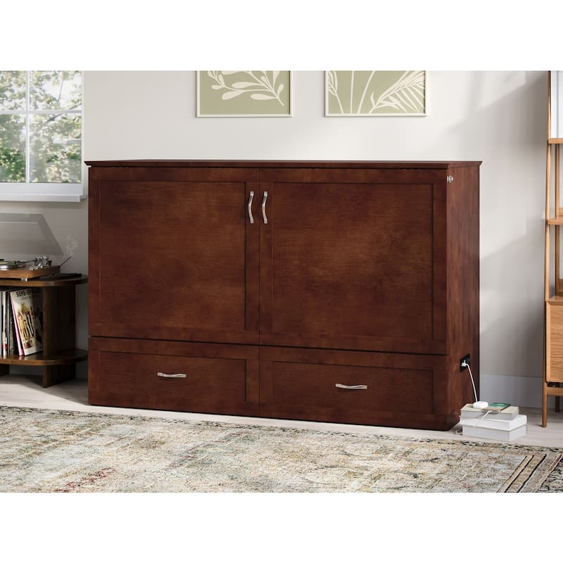 Murphy Bed Chest with Mattress - Solid Wood Bed Frame - Modern Storage Bed - Walnut Finish - Space Saving Furniture