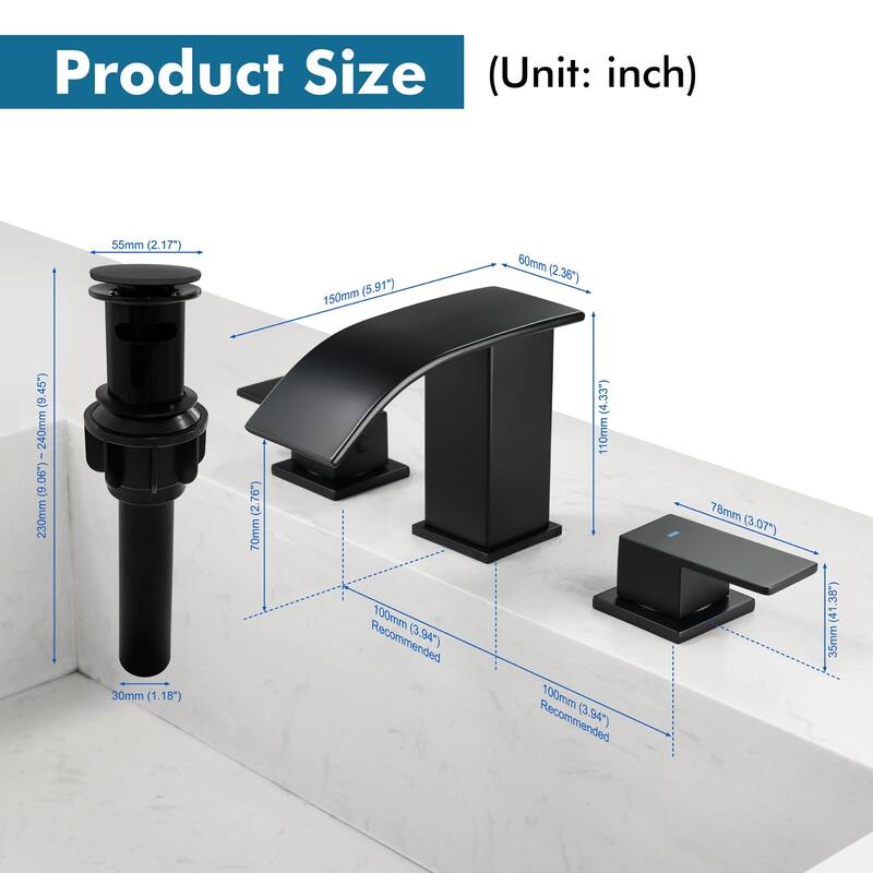 8 Inch Widespread Waterfall Bathroom Faucet with Pop-up Drain Kit Modern Double Handle Bathroom Sink Basin Vanity Faucet 3 Holes