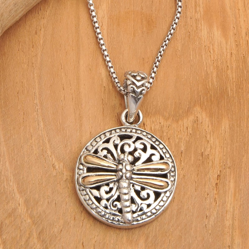 Novica Handmade Dragonfly Eden Gold-Accented Sterling Silver Pendant Necklace