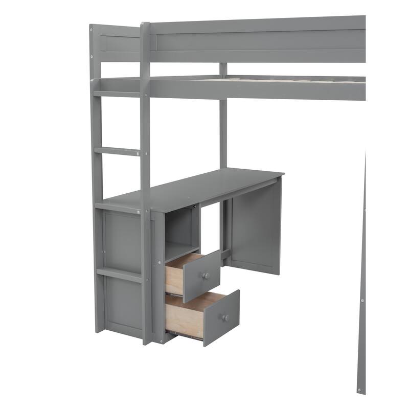 Full Size Loft Bed with Wardrobes, Desk, and Storage Cabinet in Gray