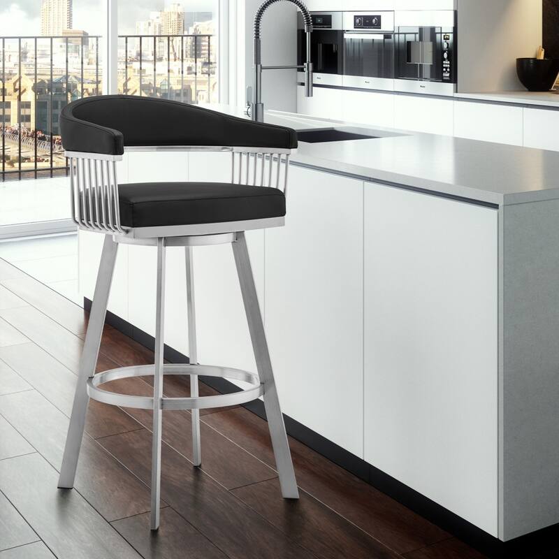 30" Mod Black Faux Leather Brushed Silver Finish Swivel Bar Stool - 38" x 22" x 21"