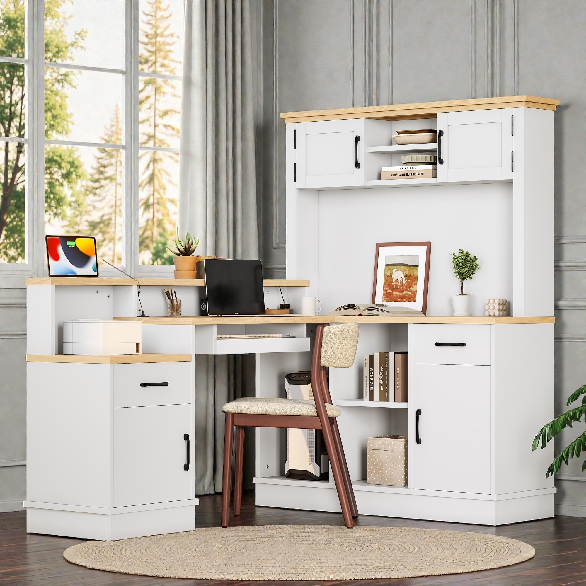 L Shaped Computer Desk with Power Outlet, Corner Desk with Drawers Bookshelf and Storage for Home Office Study