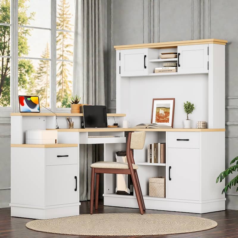 L Shaped Computer Desk with Power Outlet, Corner Desk with Drawers Bookshelf and Storage for Home Office Study - White