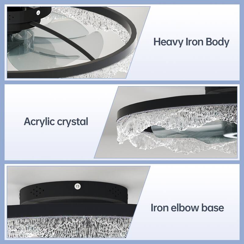Acrylic Crystal Ring Ceiling Fan with Dimmable Light & Remote Control, Modern Flush Mount Ceiling Light with Fan for Bedroom
