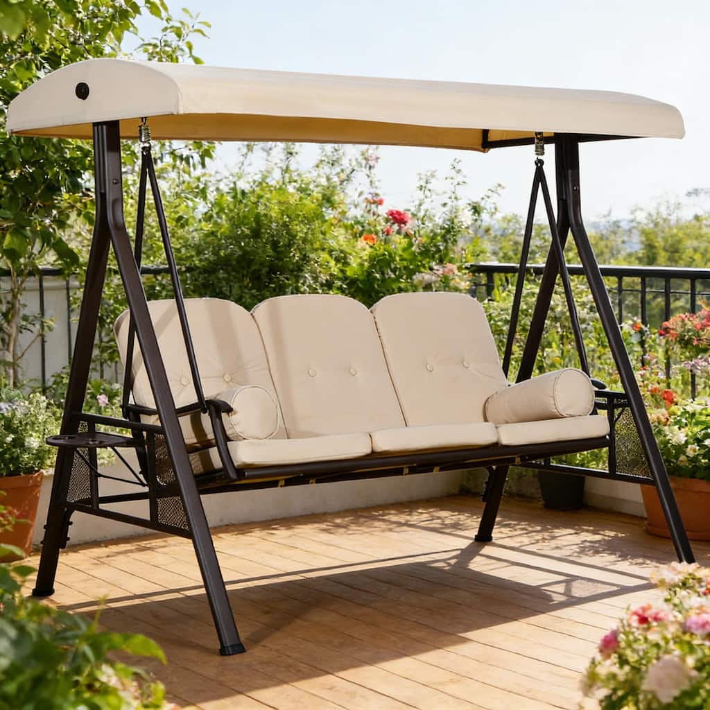 GDFStudio - 3-Seat Patio Swing Chair with Tiltable Canopy and Side Trays