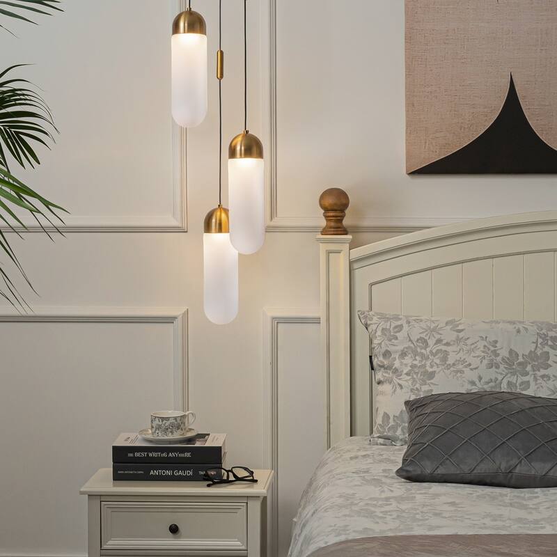 9'' Modern 3-Light Seeded Glass Cluster Integrated LED Pendant In Antique Gold Round Ceiling Lamp - W9''