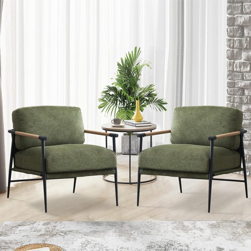 White Accent Chair Armchair Chenille for Living Room Mid Century Modern Accent Chair Metal Leg,Comfy Cushion Veneer Armrest - 2PCS - Green
