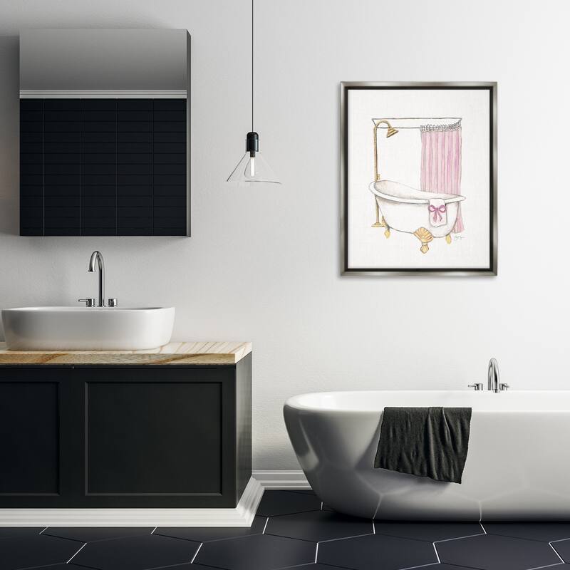 Stupell Simple Bathtub with Bow Framed Floater Canvas Wall Art Design By Janet Tava