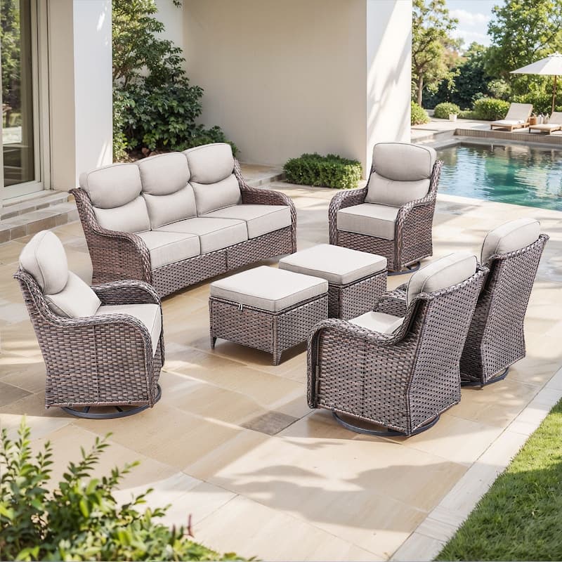 Outdoor Sofa with 6-Inch Thick Cushions Furniture for Porch - Brwon Wicker Beige Cushion - 7PCS Sofa Swivel Chair w/ Ottoman