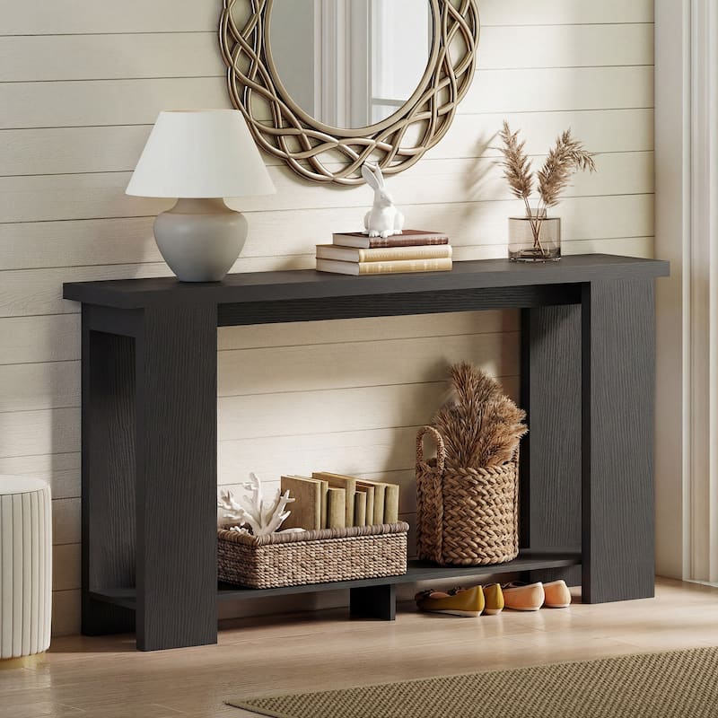 HOMCOM Farmhouse Console Table, 63" Narrow Entryway Table with Storage Shelf and Thickened Tabletop for Living Room, Hallway