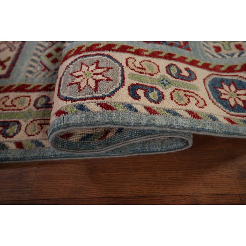 Geometric Blue Kazak Oriental Runner Rug Hand-Knotted Wool Carpet - 3'2" x 16'1"