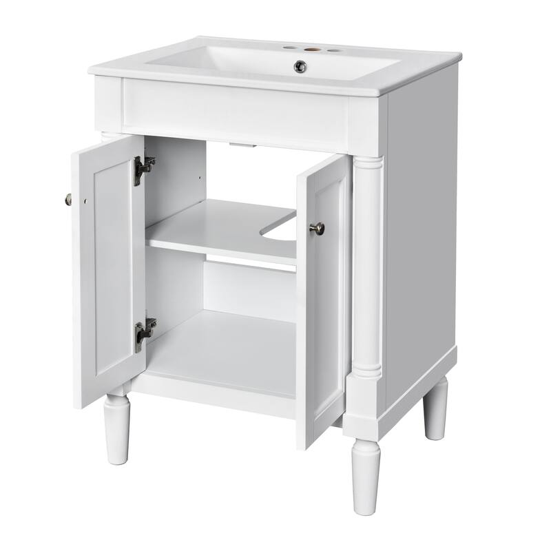 24 Inch Bathroom Vanity with Ceramic Top Sink, Freestanding Single Sink Vanity with Storage Shelves, Modern Style
