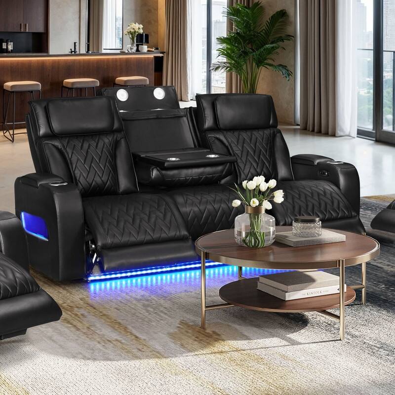 Jazz 84"W Leather Aire Power Reclining Sofa w/Power Headrest, LED, Wireless Charging Drop-Down Table, USB, Storage & Cupholders