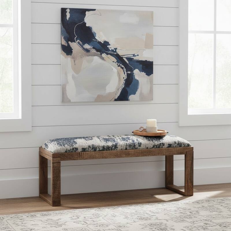 45 in. Navy Upholstered Accent Bench with Brown Solid Wood Frame