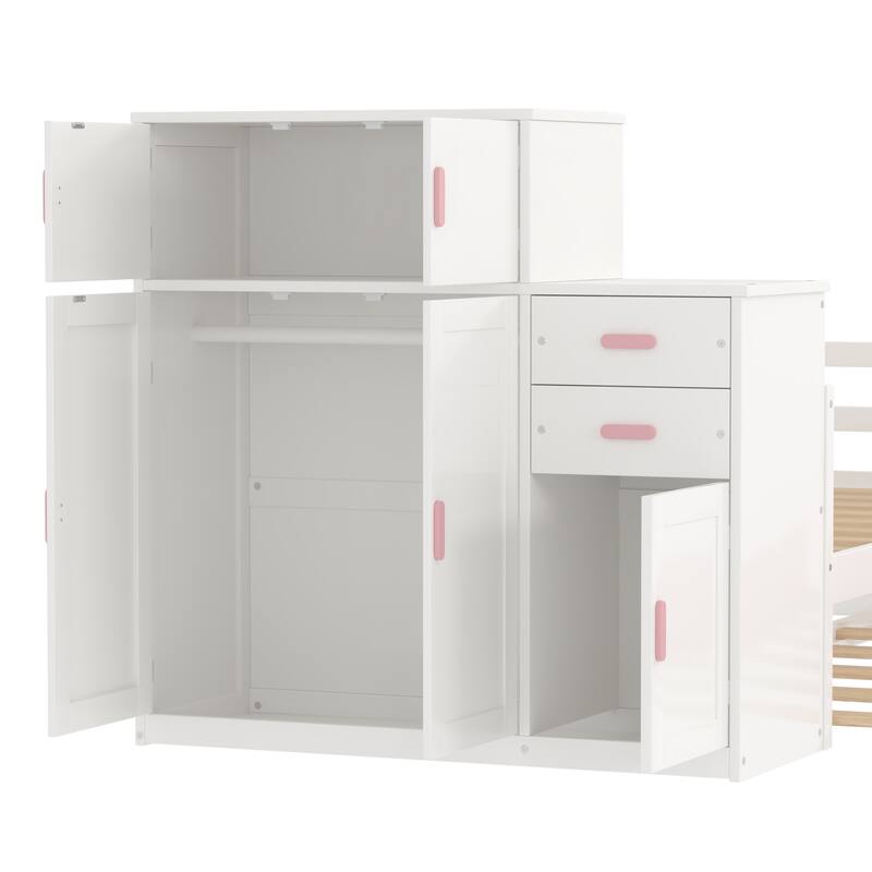 Twin Size Platform Bed with Bookshelf, Movable Wardrobe, Storage Cabinet, Drawer and Pull-out Trundle Bed, Wood Daybed Frame