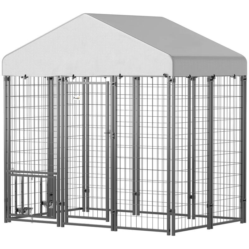 Silver-Black Steel Dog Kennel with PE Cover and Adjustable Bowl Rack - 70.8" W x 48” D x 72" H