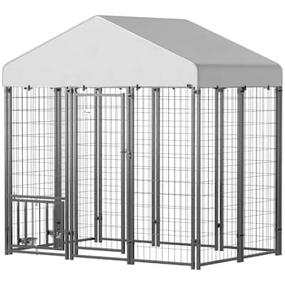 Silver-Black Steel Dog Kennel with PE Cover and Adjustable Bowl Rack - 70.8" W x 48” D x 72" H
