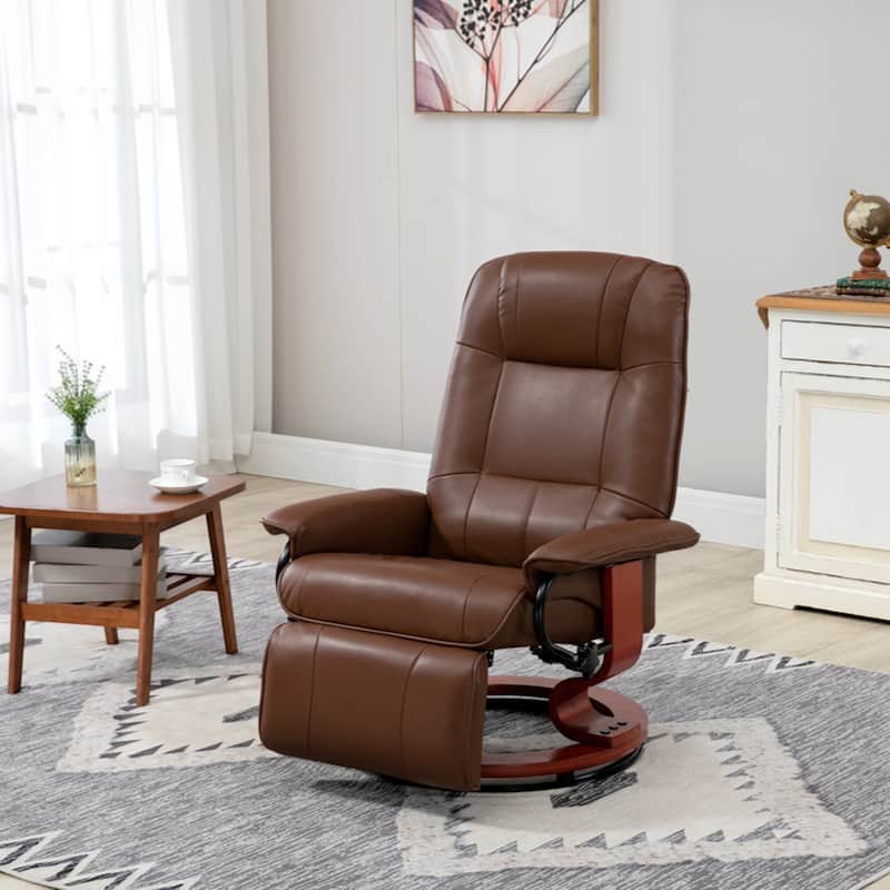 Faux Leather Manual Recliner, Adjustable Swivel Lounge Chair with Footrest, Armrest and Wrapped Wood Base for Living Room,Brown