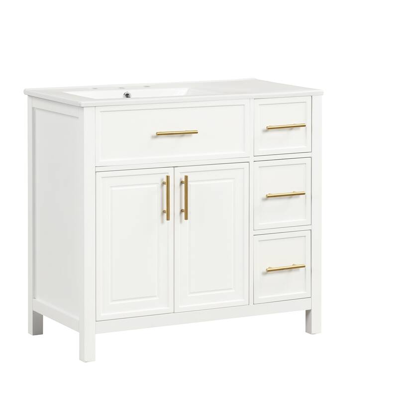 Roomfitters 36" Bathroom Vanity with Sink, Left-Side Basin, Solid Wood Frame, 2 Doors & 3 Drawers