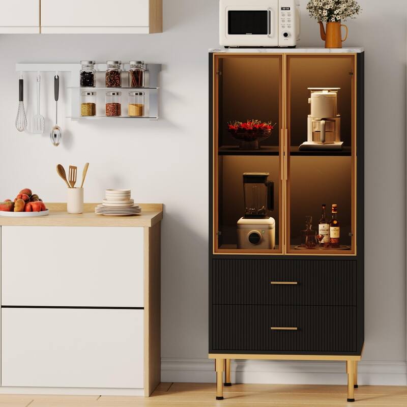 Pantry Cabinet, Freestanding Kitchen Storage Cabinet with Glass Door and 2 Drawers, Modern Kitchen Cupboard with 2