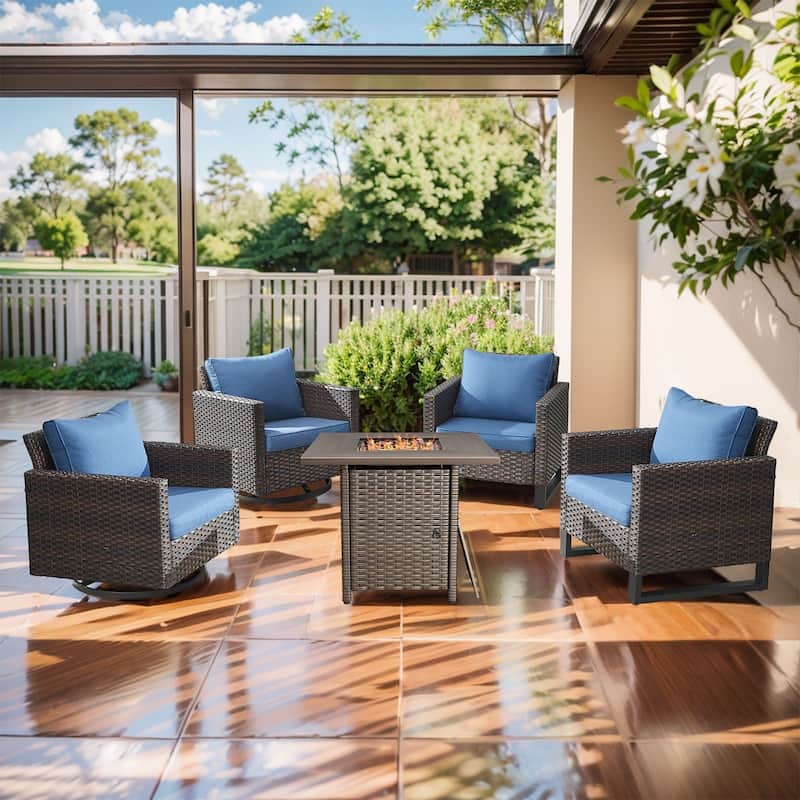 Outdoor Pocassy Glider Chairs Patio Chairs with Fire Table - Brown Wicker Blue Cushion - 5 Pieces Patio Chairs