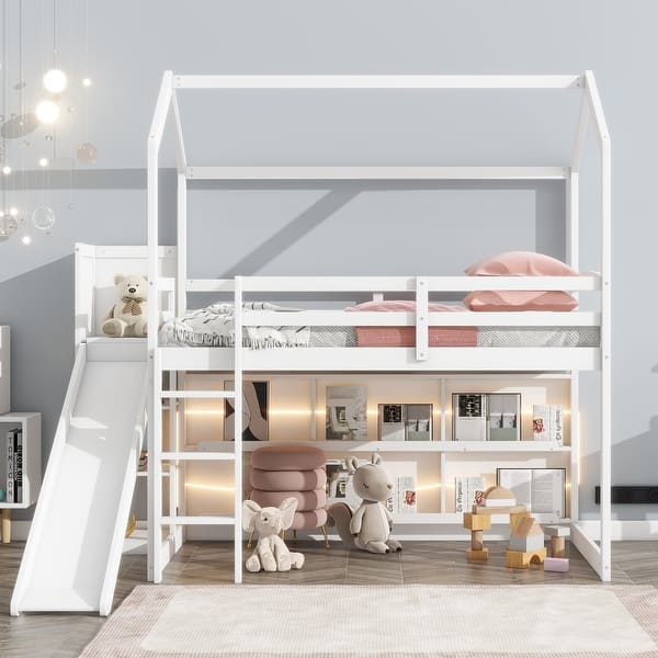 slide 2 of 12, Twin Size Wood House Loft Bed with Slide, Storage shelves and Light White