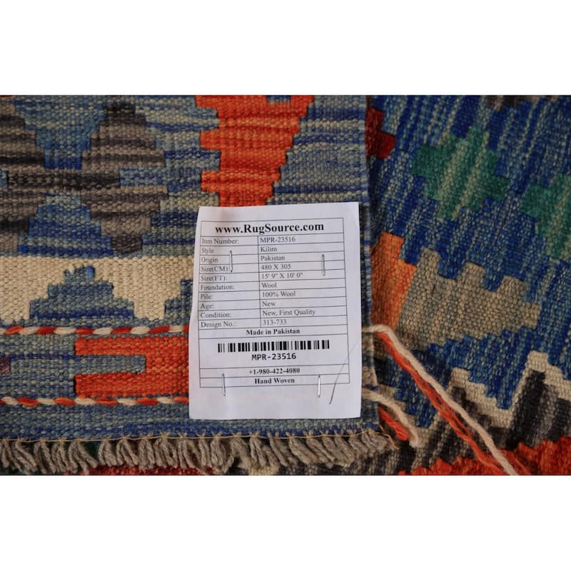 Reversible Blue Kilim Oriental Large Rug Flatweave Wool Carpet - 10'0"x 15'9"
