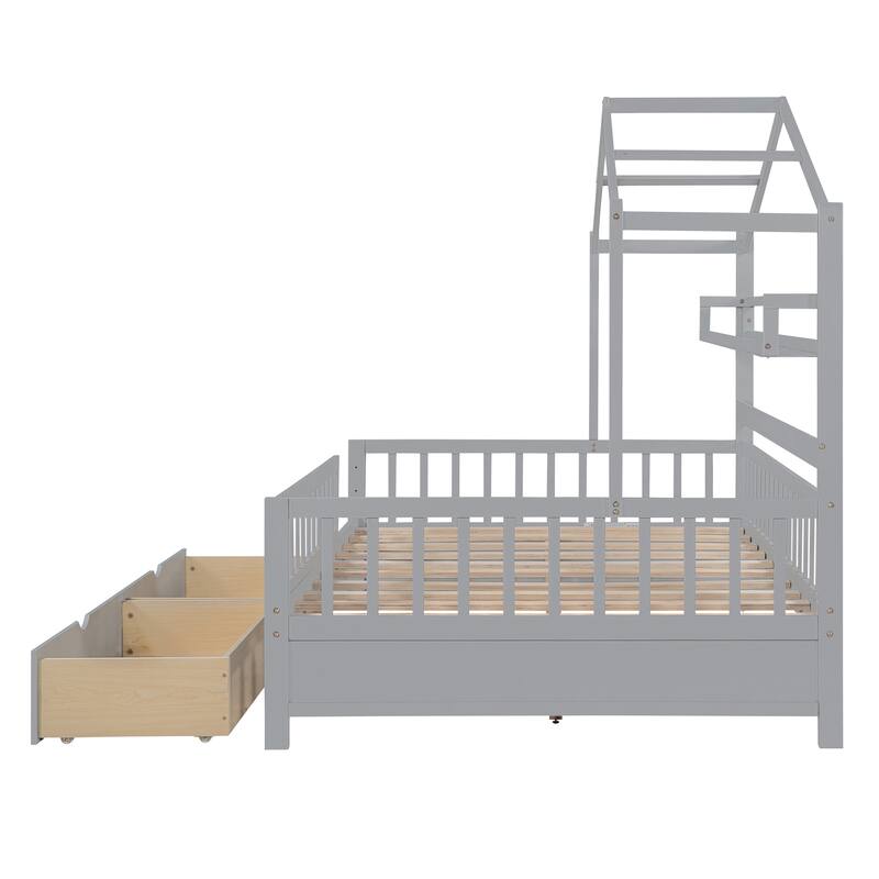 Full Size House Bed with 2 Drawers and Shelf, Sturdy Wooden Frame for Kids Play and Sleep