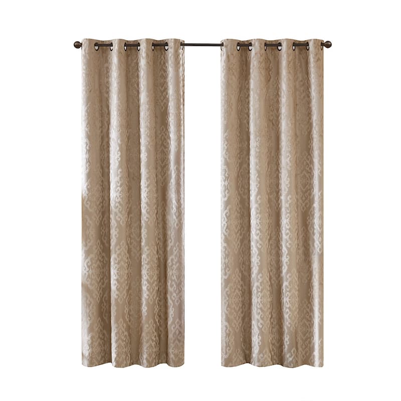 Knitted Jacquard Damask Total Blackout Grommet Top Curtain Panel Pair(2 Pcs Window Panels)