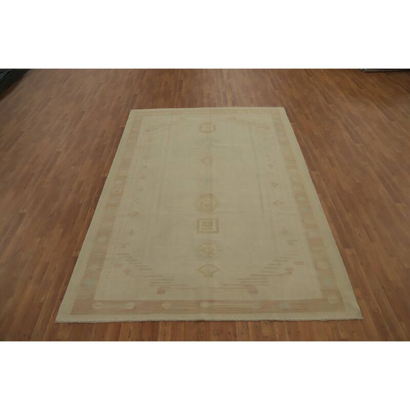 Hand Woven Oriental 100% Wool Carpet Southwestern Tribal Beige & Ivories Kilim Area Rug - 9' 8'' X 6' 9''