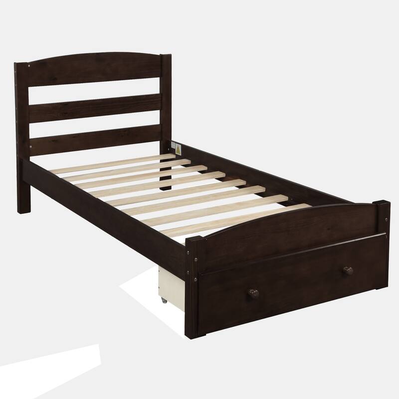 Elegant Twin Wood Bed Frame with Curved Headboard and Storage Drawer