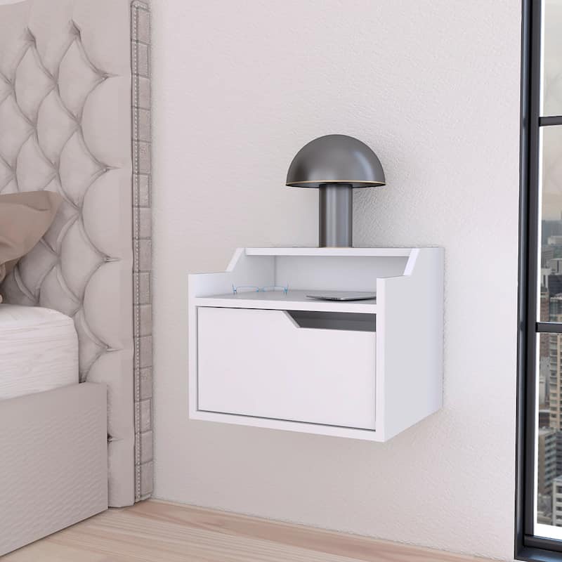 Wooden Double Shelf Hanging Bedroom Nightstand - White