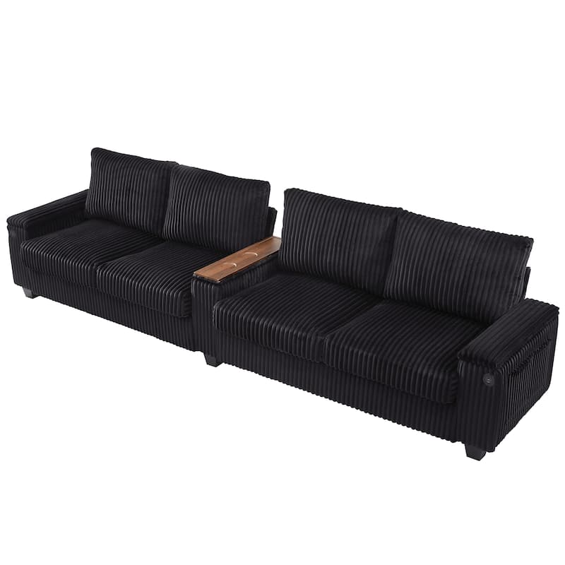 4 Seater Corduroy Sofa Couch with USB Ports and Storage Arms, 133" Modern Sofa with Side Pockets and Flip-Top Cup Holders