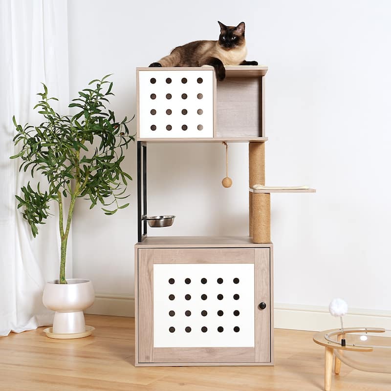 Cat Tree with Litter Box Enclosure, All-in-one Cat Tower for Indoor Cats with Large Hammock, Bed, Food Station, Scratching Posts - White+gray