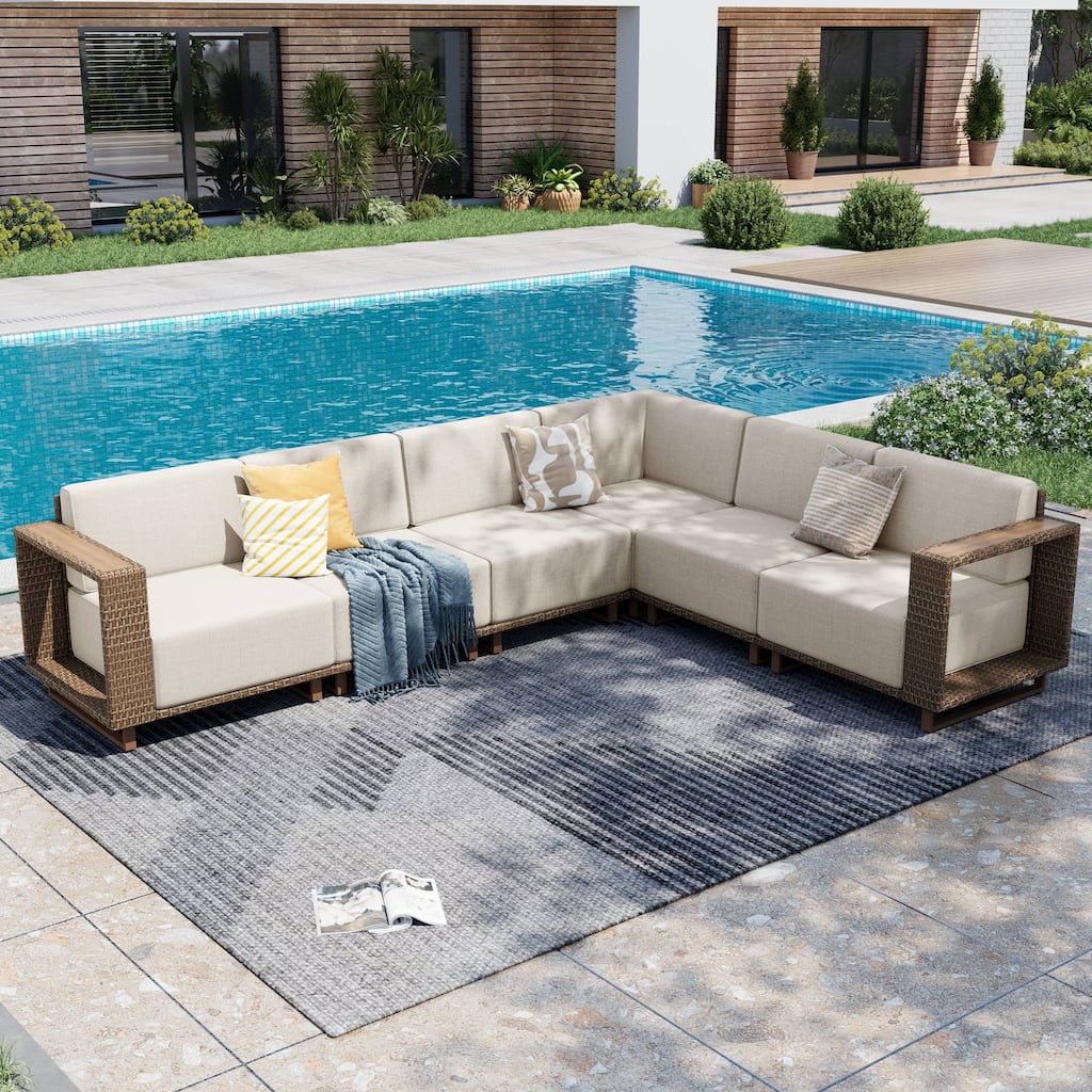 MAISON ARTS Modular Rattan Patio Sofa Set, All-Weather PE Wicker 4/6/8-Seat Outdoor Sectional with Thick Cushions