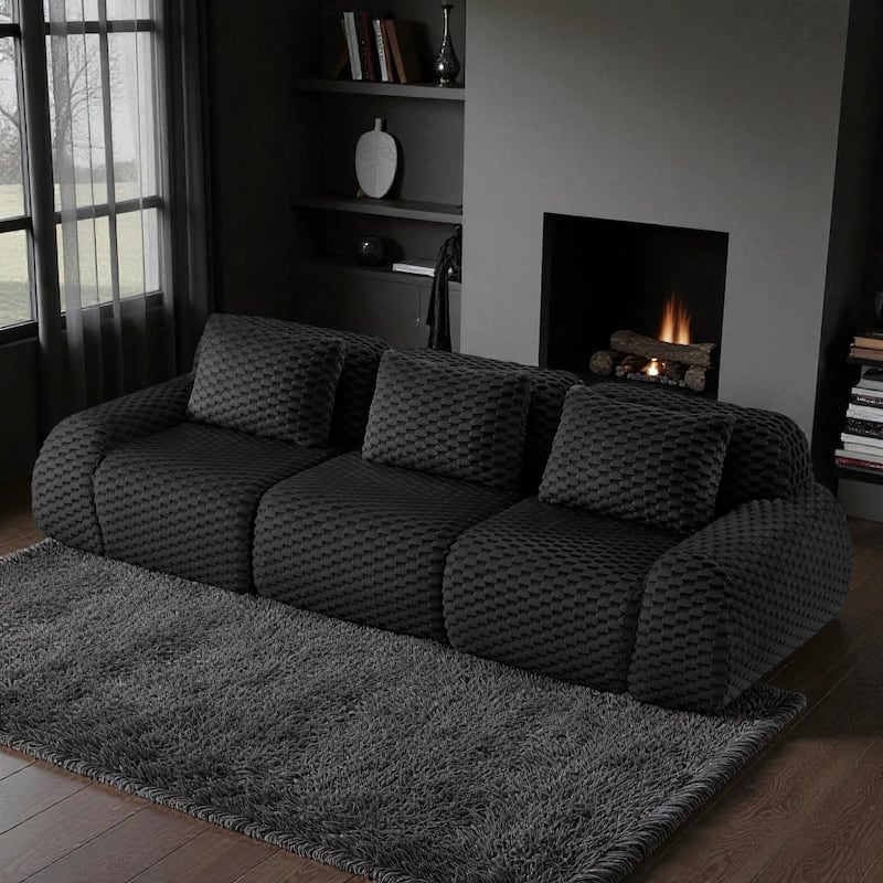 114" Modern Modular Flannelette Sectional Sofa, Oversized 3-Seater Deep Seat Boneless Couch with Buckle Connection