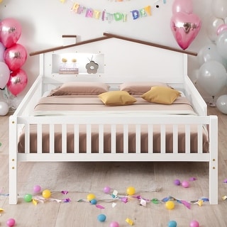 Full Size Wood Platform Bed with House-shaped Headboard, LED Light, and Built-in Storage, White